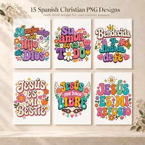 Könnte beinhalten: Eine Sammlung von sechs digitalen Drucken mit farbenfrohen spanischen christlichen Sprüchen in Retro-Typografie, floralen Akzenten, Herzen und religiösen Symbolen wie einer Taube und Krone, betitelt 15 Spanish Christian PNG Designs.