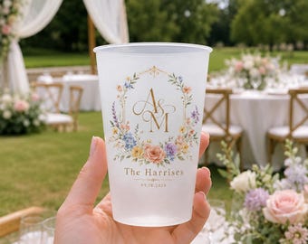 Personalized Floral Monogram Wedding Cups, Frosted Plastic Reception Drinkware, Wedding Favors