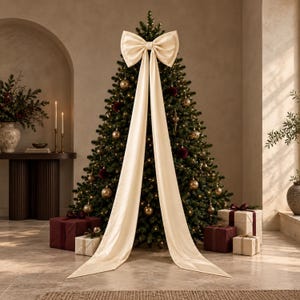 May include: A large, cream-coloured fabric bow topper positioned at the peak of a decorated Christmas tree. The bow features two long, flowing fabric tails that drape down the front of the tree, reaching towards the floor, creating a vertical accent.