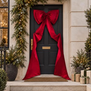 May include: A large, deep red satin ribbon bow attached to a black front door. The bow features two long, flowing tails that extend downwards towards the base of the door, creating a decorative display for the entrance of a home.