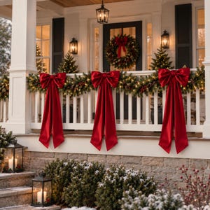 May include: A white porch railing decorated with a lush green garland featuring warm white string lights, pinecones, and red berries. Three large, vibrant red satin bows with long, flowing tails are evenly spaced along the railing.