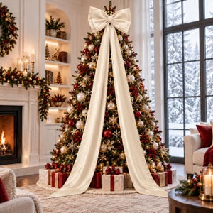 Puede incluir: Un lazo grande de tela color crema con dos cintas largas y fluidas que caen por la parte delantera de un árbol de Navidad decorado. El árbol está adornado con adornos rojos y dorados, detalles en forma de estrella y luces blancas cálidas.