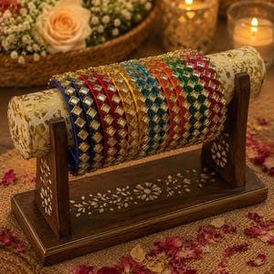 May include: A set of multi-colored silk-wrapped bangles featuring square mirror accents, displayed on a cylindrical cream-colored fabric stand with gold floral patterns, supported by a dark brown wooden base with white floral inlay details.