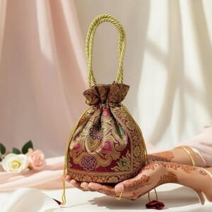 Große Banarsi Potli für indische Hochzeit Gunst, Hochzeit Gunst Taschen | Indische Rückgabe Geschenkverpackungen | Handgemachte Potli, Indianer Rückgabe Geschenk Verpackung