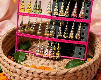 Jhumki con diseño meenakari en forma de cono, pendientes indios, jhumka al por mayor para regalo de agradecimiento, recuerdo de mehendi, recuerdo de haldi, recuerdo de sangeet, regalos indios