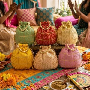 Bulk brocade potli bags, Indian favor bags, Mehendi gift, haldi favor, sangeet favor, Indian gift bags, bulk gift pouch