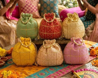 Bolsas de brocado tipo potli al por mayor, bolsas de regalo indias, regalo de Mehendi, regalo de Haldi, regalo de Sangeet, bolsas de regalo indias, bolsa de regalo al por mayor
