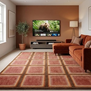 Terracotta Geometric Area Rug, Handmade Wool Carpet, Modern Checkered Rug, Rust Brown Living Room Rug, Contemporary Floor Rug.