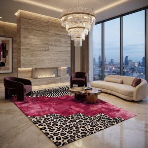 May include: A large rectangular area rug featuring a central section of solid magenta, bordered by black and white zebra stripes on one end and a black and brown leopard print pattern on the other, placed in a room with a chandelier and furniture.
