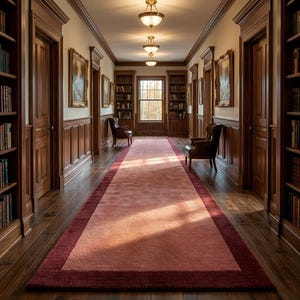 May include: A long hallway featuring dark wood paneling, built-in bookshelves filled with books, and a large rectangular rug with a light pink center and a deep red border. Two leather armchairs sit on the rug, and three pendant lights hang.