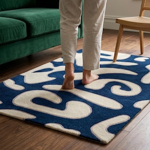 Modern Abstract Area Rug Navy Blue and Cream Carpet Hand Tufted Organic Shape Rug for Living Room Minimalist Home Decor Large Floor Mat