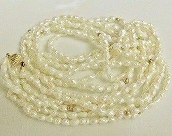 Vintage 14k Three Strand Ivory Rice Pearl Necklace
