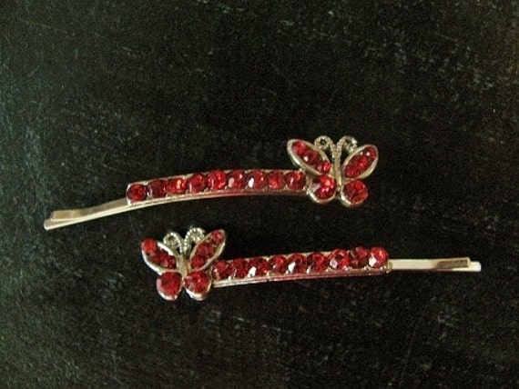 Vintage Red Rhinestone Butterfly Hair Bobby Pins - image 2
