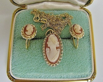 Antique Shell Cameo Necklace & Earrings Set in Original Jeweler's Box, 10k Gold