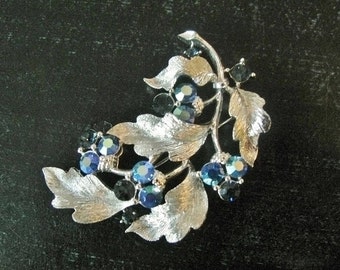 Vintage 1950's Lisner AB Blue Crystals & Silver Leaves Pin