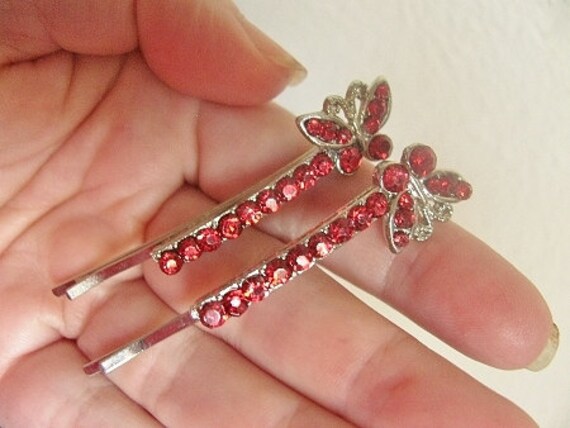 Vintage Red Rhinestone Butterfly Hair Bobby Pins - image 3