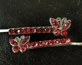 Vintage Red Rhinestone Butterfly Hair Bobby Pins