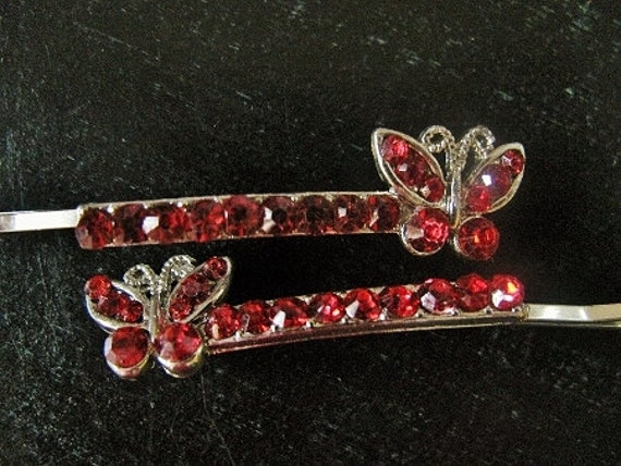 Vintage Red Rhinestone Butterfly Hair Bobby Pins - image 1