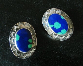 Vintage Taxco Azurite Silver Clip On Earrings