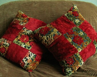 Antique Red Floral Velour Square Pillows