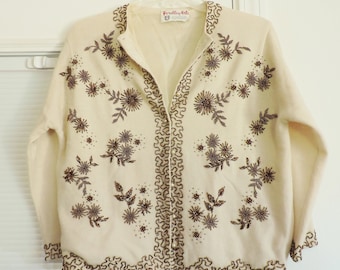 Vintage 1950's Fordley Arts Beaded Cream Wool Sweater S