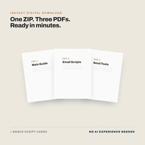 Może przedstawiać: Cyfrowy produkt z trzema białymi ikonami dokumentów oznaczonymi jako PDF 1 Main Guide, PDF 2 Email Scripts oraz PDF 3 Send Tools. Tekst zawiera Instant Digital Download, One ZIP. Three PDFs. Ready in minutes, Bonus Script Cards oraz No AI Experience Needed.