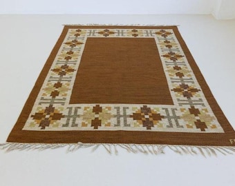 Handgewebter brauner Kelim Teppich - Kilim Teppich - 2x3m beige, brauner Kelim Teppich - Handgewebter Kelim Teppich -