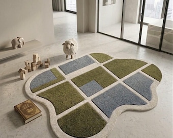 7x9 Hand Tufted Irregular Rug, Olive Green Blue Geometric Wool Area Rug, Modern Abstract Kids Room Carpet, Custom Shape Rug home decor rug