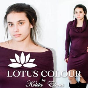 May include: Two women wearing long-sleeved, purple dresses. The dress on the left has a cowl neck and a lotus flower design with the text "LOTUS COLOUR by Krista Elena". The dress on the right has a cowl neck and a high-low hemline.