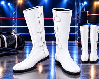 Handgefertigte weiße Leder-Wrestlingstiefel für Damen und Herren | Lange Leder-Wrestlingstiefel für Herren | Individuell anpassbare, wadenhohe Innenschnallen für Wrestlingausrüstung