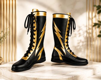 Handgemaakte zwarte en gouden leren worstelschoenen | Professionele worstelring hoge leren laarzen | Op maat gemaakte worstelschoenen tot halverwege de kuit met vetersluiting aan de voorkant