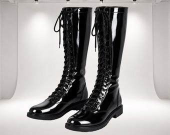 Botas de lucha libre de charol negro, botas de lucha libre profesionales con cordones para hombre y mujer, botas de combate de media pantorrilla para ring, equipo de lucha libre personalizado