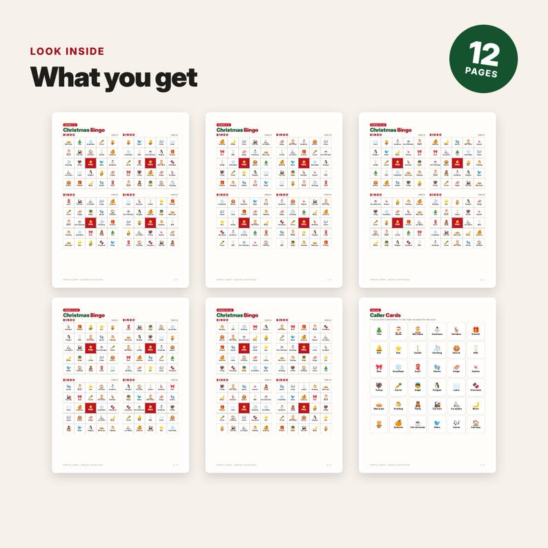 Puede incluir: Un conjunto de 12 p&aacute;ginas para un juego de bingo navide&ntilde;o, que incluye cinco hojas con cuatro cartones de bingo cada una y una hoja de tarjetas de llamada. Cada cart&oacute;n contiene una cuadr&iacute;cula de iconos navide&ntilde;os.