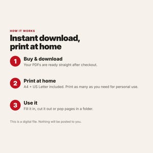 Puede incluir: Un gr&aacute;fico instructivo titulado HOW IT WORKS Instant download, print at home. Enumera tres pasos: 1 Buy & download, 2 Print at home en tama&ntilde;os A4 y US Letter, y 3 Use it para rellenar, recortar o archivar. Es un archivo digital.