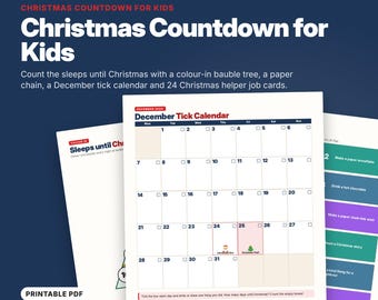 Puede incluir: Una cuenta regresiva de Navidad imprimible para niños que incluye un calendario de diciembre con casillas numeradas, un árbol para colorear, una cadena de papel y 24 tarjetas de tareas. El calendario incluye texto para el 24 y 25.