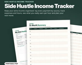 May include: A nine-page printable Side Hustle Income Tracker PDF featuring a 12-Month Summary table with columns for income, expenses, profit, hours, and hourly rate, plus an overview page for tracking multiple side hustle sources.