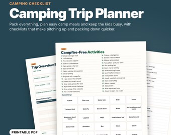 May include: A 10-page printable camping trip planner PDF featuring a camping checklist, trip overview, and a campfire-free activities sheet with a nature bingo grid. The document includes text headers like Camping Trip Planner and Kids Campfire-Free Activities.