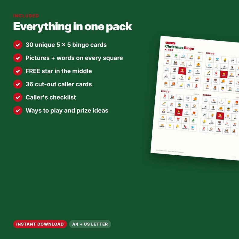 Puede incluir: Un juego de bingo navide&ntilde;o sobre un fondo verde oscuro. El texto dice: INCLUDED Everything in one pack, 30 unique 5x5 bingo cards, Pictures + words on every square, FREE star in the middle, 36 cut-out caller cards, Caller's checklist, Ways to play and prize ideas, INSTANT DOWNLOAD, A4 + US LETTER.