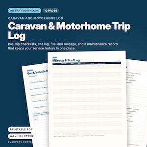 May include: A 10-page caravan and motorhome trip log printable PDF featuring a mileage and fuel log, van and vehicle details, and pre-trip checklists. The document includes columns for date, odometer, miles, liters, and MPG on a white background.