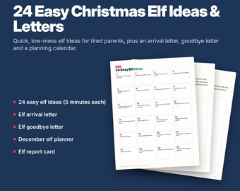 Puede incluir: Un documento PDF digital titulado 24 Easy Christmas Elf Ideas & Letters, que presenta una cuadrícula de 24 ideas de actividades numeradas, una carta de llegada, una carta de despedida, un planificador de diciembre y un reporte.