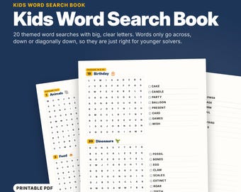 May include: A 16-page kids word search book featuring 20 themed puzzles with large, clear letters. The pages include word lists and grids for topics like animals, food, birthday, and dinosaurs, formatted for A4 and US letter paper sizes.