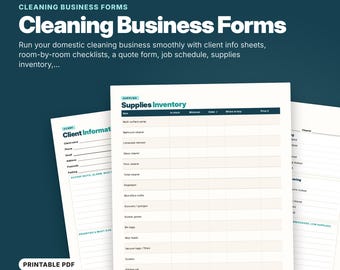 May include: A set of 10 printable cleaning business forms including client information sheets, room-by-room checklists, quote forms, job schedules, and supplies inventory sheets. The documents feature dark blue text on white paper.