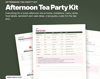 May include: An Afternoon Tea Party Kit printable PDF set featuring 11 pages including invitations, menu cards, food labels, and a Tea Guide. The documents display text in black and pink on white paper, with a dark green background behind the pages.