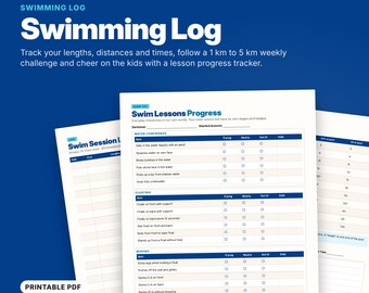 May include: A digital swimming log template featuring a Swim Lessons Progress chart with sections for water confidence, floating, and moving skills. The document includes checkboxes for tracking progress and columns for dates, set against a dark blue background.