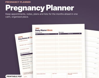 May include: A digital pregnancy planner with 11 pages in PDF format, featuring printable templates for tracking key dates, contacts, and baby name ideas. The layout includes organized sections for names, meanings, and notes on a white background.
