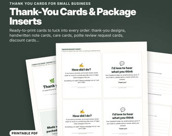 May include: A set of nine printable thank-you cards and package inserts for small businesses. The white cards feature black text, including phrases like How did I do? and I'd love to hear what you think, with icons of a pencil and speech bubbles.