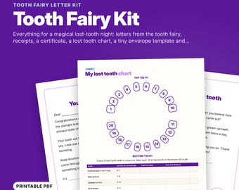 May include: A printable Tooth Fairy letter kit featuring a 13-page PDF set with a lost tooth chart, letters, receipts, and a certificate. The chart displays a circular diagram of 20 teeth labeled top and bottom with a tracking table.