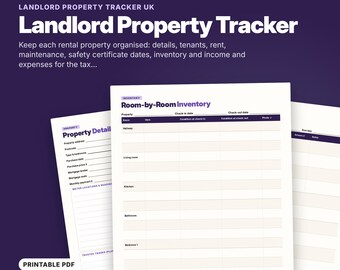 May include: A 10-page Landlord Property Tracker printable PDF in A4 and US Letter sizes. The document features sections for property details, room-by-room inventory, and financial tracking with columns for rent, maintenance, and safety certificate dates.