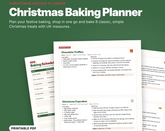 Puede incluir: Un planificador de repostería navideña de 10 páginas en PDF imprimible que incluye un calendario de horneado y recetas para trufas de chocolate y cupcakes navideños, con listas de ingredientes e instrucciones paso a paso.