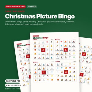 Puede incluir: Un juego de bingo navide&ntilde;o imprimible con 12 p&aacute;ginas y 30 tarjetas &uacute;nicas. Cada tarjeta blanca muestra una cuadr&iacute;cula de iconos coloridos con tem&aacute;tica festiva y etiquetas de texto, incluyendo un cuadro central rojo con una estrella y FREE.